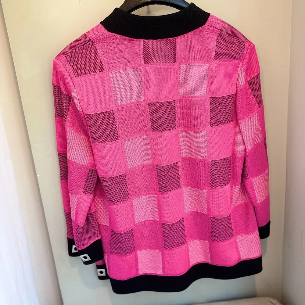 Ming Wang Women's M Black Pink Checkerboard Twin Set Cardigan Shell Rivets